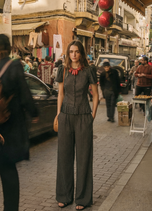 Odetta-Cherry Black Top and Pants Set